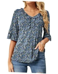  Women's Casual V Neck T Shirts Loose Summer Fall X-Large Black Floral Print - Picture 1 of 7