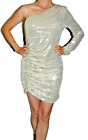 Sexy White Mini Dress Sequins 1 Shoulder Vintage Date PROM Old Hollywood Size L