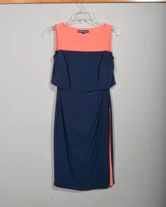American Living Navy Salmon Colorblock Jersey Knit Ruched Sheath Dress Sz 2 - Picture 1 of 3