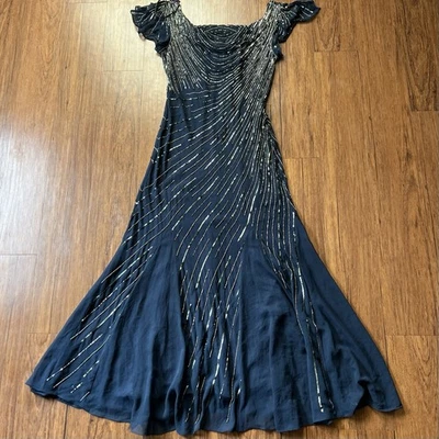 Vintage 90s Beaded Formal Dress 12 Blue Maxi Handkerchief Cowl Flutter Maxi FLAW - Image 1 of 4