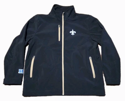 NFL 服装新奥尔良圣徒夹克标志拼字男式 XL 黑色金色全拉链 — 第 1/4 张图片