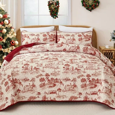 Juego de edredón Queen, colchas ligeras para baño de Navidad Queen (96"x90") rojo Foto 1 de 4