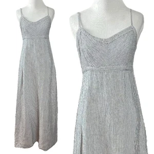 Maxi abito Anthropologie Antibes bianco a righe in lino XS 0 blu bianco costiero - Foto 1 di 6