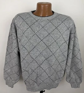 Vintage 90s Golf Sweater Mens Large Heather Gray Argyle Cotton Knit Crewneck Dad - Picture 1 of 12