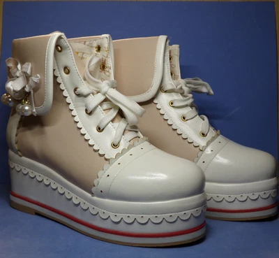 HILIB Mujeres Lindas Botas de Cuña Lolita Brogue Juegos con disfraces Plataforma Taupe ~ Talla 10 Foto 1 de 4