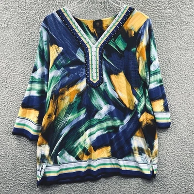 Top túnica boho para mujer JM Collection 2X amarillo marino abstracto adornado artístico Foto 1 de 4