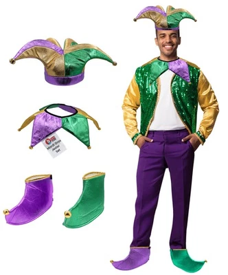 Adult Mardi Gras Clown Jester Accessories Set Funny Joker Costume Fools Kit - Image 1 of 4