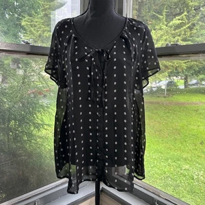 Old Navy Black Floral Sheer Button Front Tie Neck Blouse Top XL - Picture 1 of 5