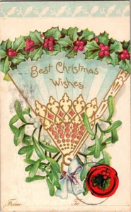 1905 CHRISTMAS POSTCARD UNDIVIDED BACK HOLLY FAN A4 - Picture 1 of 2