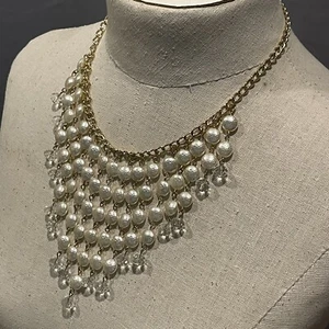 Goldtone Simulated Coin Pearl and Clear Bead Bib Statement Necklace - Picture 1 of 8