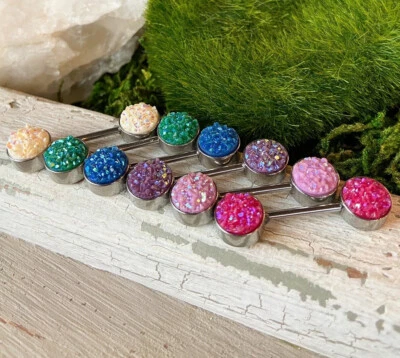 PAR Iridiscente Druzy Piedra Extremos Pezón Anillo Barbas Escudos Acero Cuerpo Joyería Foto 1 de 3