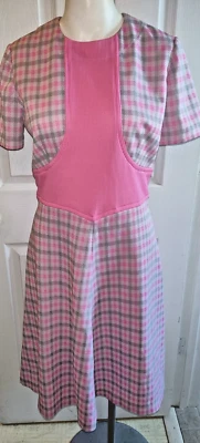 VESTIDO Vintage Años 60 70 Mod Hippy Hecho a Mano Rosa y Gris Cuadros Talla Mediana Foto 1 de 4