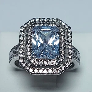 Women's 925 Silver CZ Ring Large Central Emerald Cut and Side Pavé - Picture 1 of 14