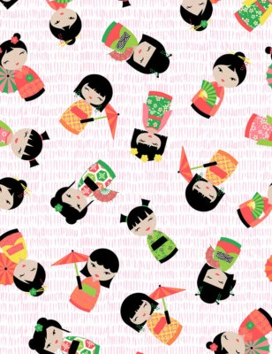 Fabric Japanese Kokeshi Girls Ivory TIMELESS TREASURES Cotton 1/4 Yard 7753