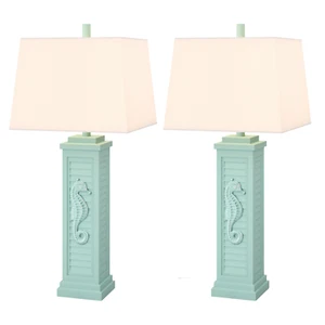 Set of Two 32" Teal Blue Table Lamp With Off White Shade - Picture 1 of 8