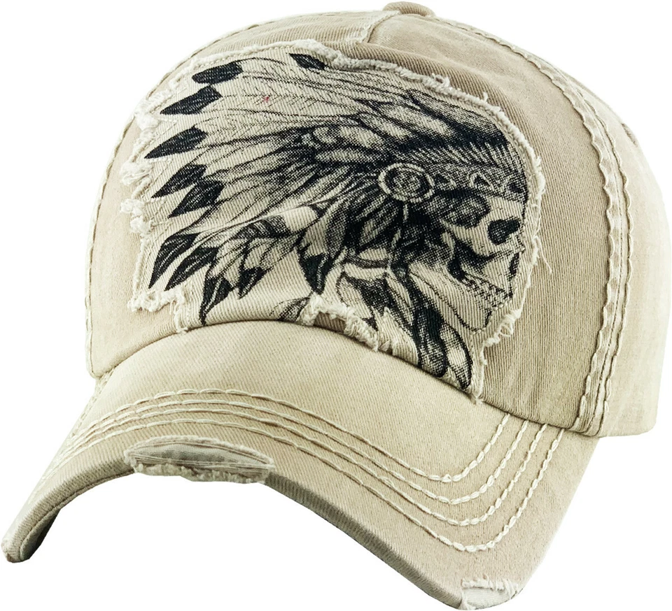 Native American Indian Chief Vintage Skull Distressed Khaki Cap Hat by KB Ethos - Image 1 of 3