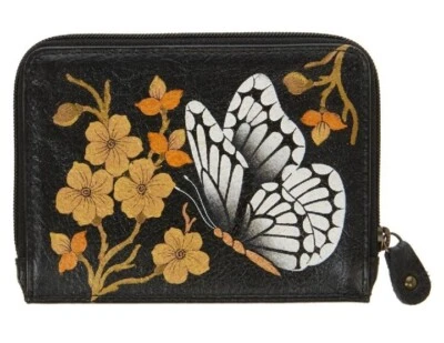 Cartera Anuschka de cuero pintada a mano con cremallera con RFID-Mariposa Anochecer-NUEVA CON ETIQUETAS Foto 1 de 3