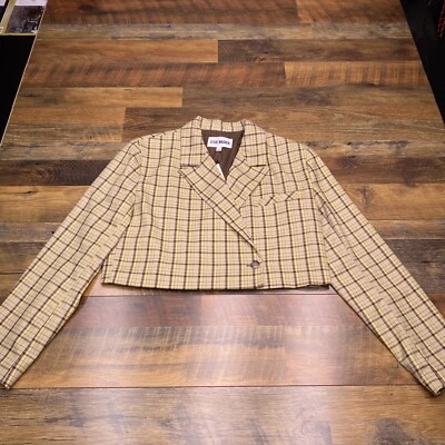 Blazer Steve Madden Recortado Grande Amarillo Tostado Cuadros Elastizado Nuevo Foto 1 de 4