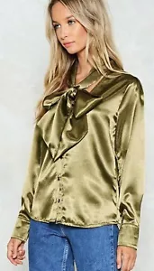 Nasty Gal Women's Satin Pussybow Blouse Sage Size US 8 NWT - Picture 1 of 8