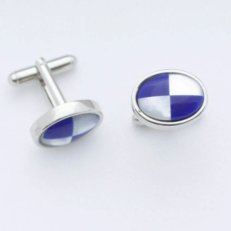 C0015 CUFFLINKS CUFF LINKS OVAL NAVY TOPAZ WHITE MOTHER OF PEARL CONVEX ENAMEL - Изображение 1 из 1
