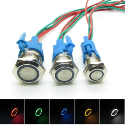 Push Button Switch Waterproof 16mm 19mm 22mm 6-24V 10A LED Ring Light +Connector - Image 1 of 4