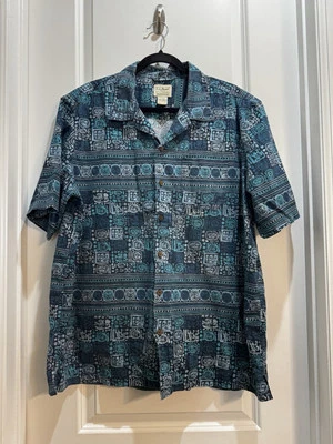 LL Bean Blue Print Button down Shirt Short Sleeve Large 100% Cotton Length 31” - Image 1 of 4