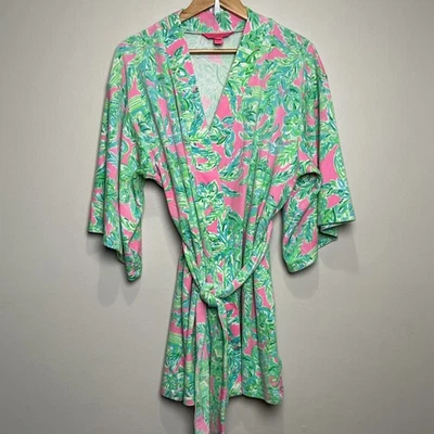 Lilly Pulitzer Elaine Velour Pink and Green Floral Pattern Belted Bathrobe S/M - Image 1 of 4