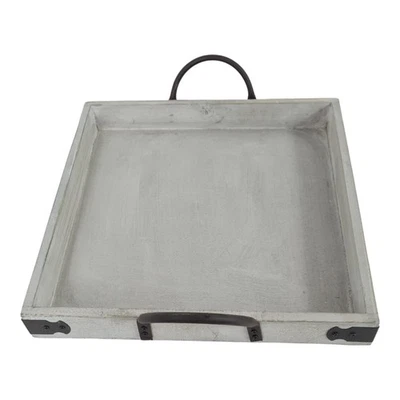 Ein  quadratisches, grauer Holztablett mit schwarzen Metallgriffen - Bild 1 von 3