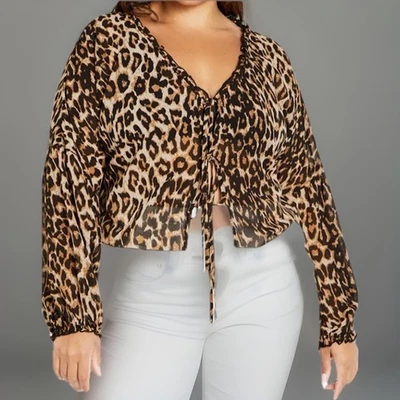 City Chic Leopard Corina Tie Front Sheer Top Ruffle V-Neck&Puff Long Sleeve NWOT - image 1 of 4