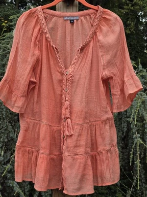 Sharagano Women's Beautiful Peach Flounce Sleeve Button Up Blouse Size Large - Image 1 of 4