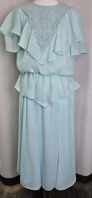 Vtg Liz Petites Chiffon 2 Piece Dress Set Sz M Aqua Ruffles Coquette Lace Lined - Image 1 of 4