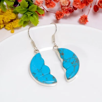 Tibetan Turquoise Gemstone Handmade 925 Sterling Silver Earrings 1.8" s448 - Image 1 of 4