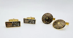 2 Sets Damaszener Manschettenknöpfe goldfarben schwarz Blume Weizenranken Fleur-de-Lis - Bild 1 von 5