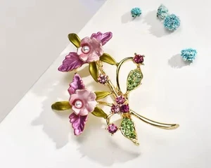 Orchids Brooch Pin Cubic CZ Gold Pearl Flowers Fashion Statement NEW 20% OFF - Picture 1 of 4