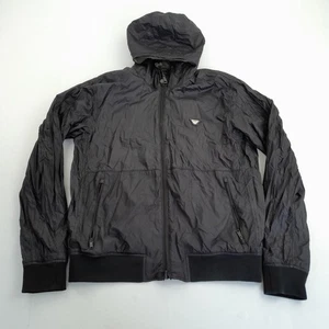 ARMANI JEANS Jacket 52 Large Black Green Reversible Men's Hooded Windbreaker - Picture 1 of 7