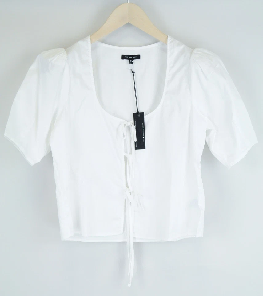 WHO WHAT WEAR Women Blouse S White Short Sleeve Tied Cotton Puff Round Neck - Image 1 of 4