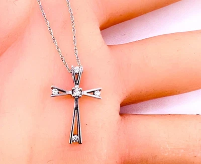 Solid 10k White Gold Diamond Cross pendant Necklace Woman 18" - Image 1 of 4