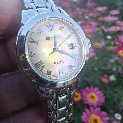 Seiko Diamond Solar (Ladies) w Mother of Pearl Dial - Blue Sapphire - RRP:799$ - image 1 of 4