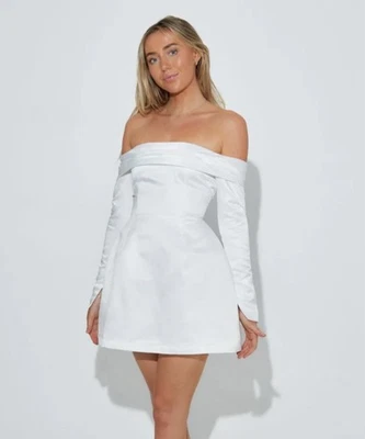 ODD MUSE Ultimate Muse Satin Bardot Mini Wedding Dress White Bride Sz L - Image 1 of 4