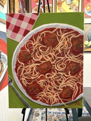 Спагетти и фрикадельки картина 16 X 20 «ручная роспись, не печать, итальянская еда - Изображение 1 из 4