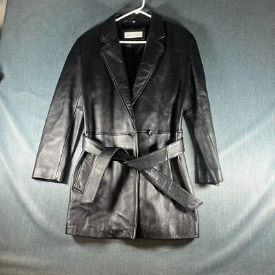 Abrigo Jones New York Mujer Negro Manga Larga Cierre de Botones Cinturón Talla S Cuero Foto 1 de 4