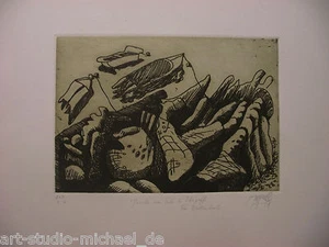 Norddeutsche Künstler: Pit Morell: „Boote am Fels“ Radierung/Aqutinta, 1979 - Picture 1 of 4