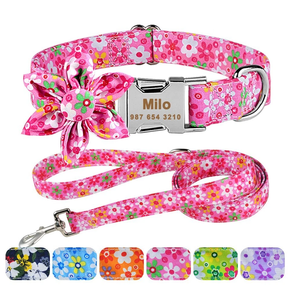 Flower Personalized Female Girl Dog Collar and Leash Lead Name ID Tag Engraved - Image 1 of 4