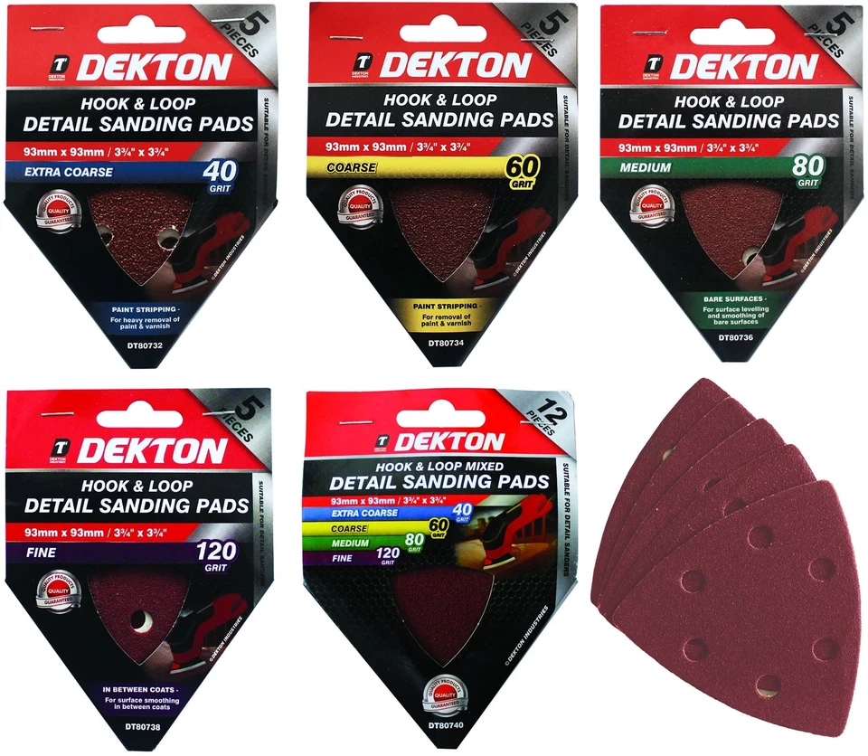 Dekton Detail Palm Sanding Pads Triangle Sheets 40 60 80 120 Or Mixed Grit 93mm