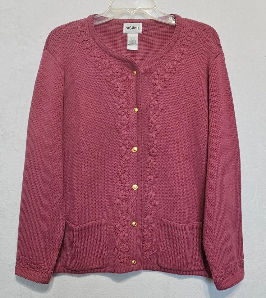 Cárdigan Suéter Bon Worth Rosa Oscuro Tejido Floral Bordado Granny Core Talla M Foto 1 de 4