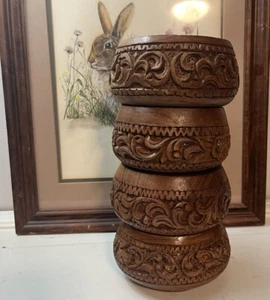Vintage Teal Carved Wood Bowls Set Of 4 Stacking - Picture 1 of 5