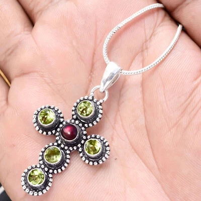 Faceted Peridot, Red Garnet Gemstone 925 Sterling Silver Handmade Cross Pendant - Image 1 of 4