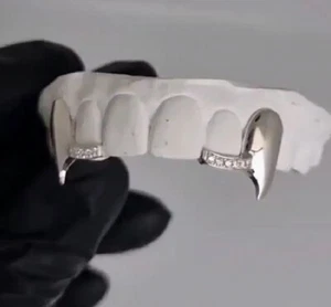 Custom Silver Plated Iced Cz Upper Top Teeth Grillz Fangs 2pc Set - Picture 1 of 2