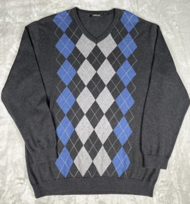 Suéter masculino Liz Claiborne XL cinza escuro branco azul argila algodão outono golfe - Imagem 1 de 4