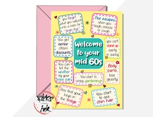 Bienvenido a tu MID 60, 64, 65, 66, divertida tarjeta de cumpleaños sesenta sarcasmo - Imagen 1 de 3